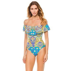Trina Turk one piece swimsuit size 8 corsica off shoulder flounce blue paisley